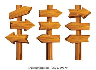 Wooden signposts with various directions and rustic textures. Vector cartoon illustration