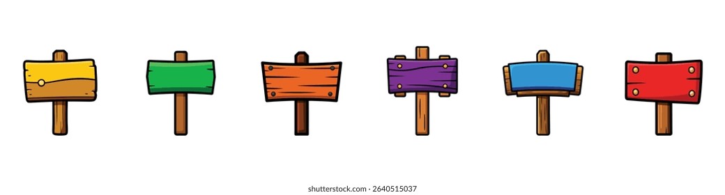 Wooden signs, 3d cartoon vector set, Set wooden signboard with bamboo stick in cartoon style, empty signpost, 3d wooden signboards set vector illustration. Realistic wood sign posts.