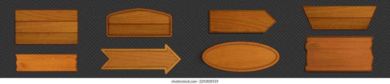 Wooden signs, boards and banners different shapes. Arrow signboard from wood plank, old timber panels isolated on transparent background, vector realistic illustration