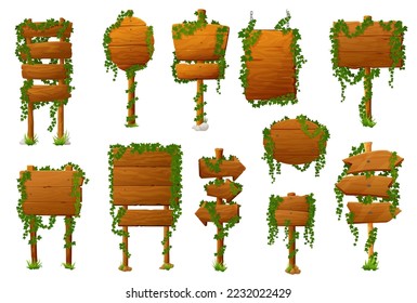 Wooden signs and boards with ivy leaves. Wooden plank direction pointer with garden tree foliage, vector rustic signage covered climbing plant. Guidepost, banner with ivy or creeper shrubs leaves