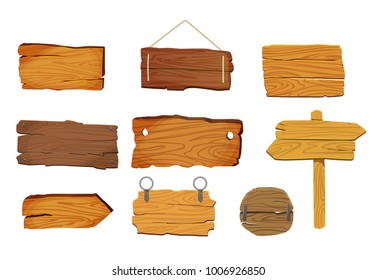 Wooden signs boards set with different shapes, vector elements.