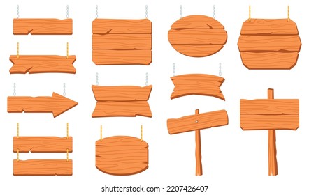 Wooden signs and boards set. Rough rustic planks, signboards hanging on ropes chains, bar and saloon banner signposts template elements. Cartoon flat vector illustration