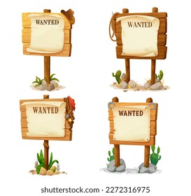 Wooden signs, cartoon western wanted boards. Vector wild west banners with announcement on parchment with sheriff star, horseshoe, lasso and cowboy hat hang on wooden plank with poles, Texas billboard