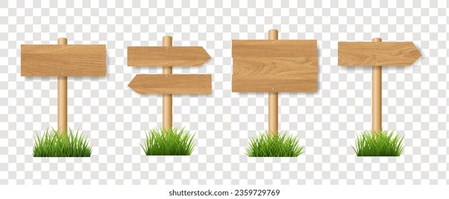 Wooden Signs Collection With Grass SetI solated Transparent Background With Gradient Mesh, Vector Illustration