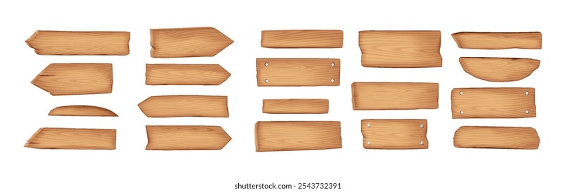 Holzschilder in verschiedenen Formen realistische Farbsymbole gesetzt. Vintage-Wegweiser-Pointing-Planken für Informationen 3D-Objekte auf weißem Hintergrund