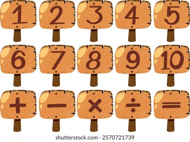 Wooden signs displaying numbers and math symbols