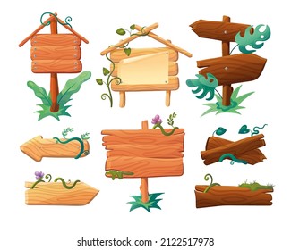 Wooden signs with flowers and lianas cartoon illustration set. Arrow and rectangle signboards or poles for information in forest or jungle with green leaves, tropical plants. Direction, nature concept