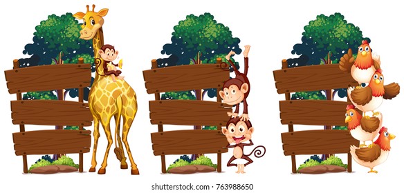 Wooden signs with giraffe and monkeys illustration