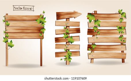 Wooden signs with green leaves decorative elements, Vector illustration