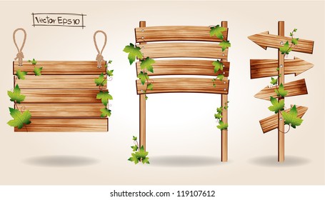 Wooden signs with green leaves decorative elements, Vector illustration