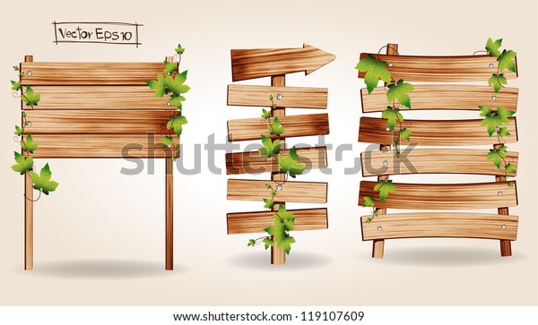 Wooden Signs Green Leaves Decorative Elements Stock Vector Royalty Free 119107609 6544