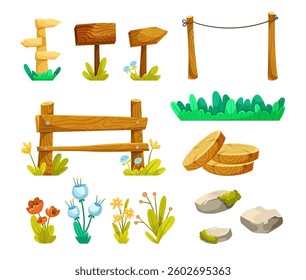 Wooden Signs and Growing Plant with Stone Vector Set