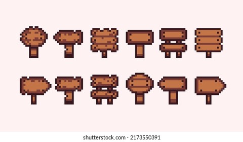 Wooden signs, guidepost pixel art set. Rustic timber road pointer collection. 8 bit sprite. Game development, mobile app.  Isolated vector illustration.