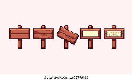 Wooden signs, guidepost pixel art set. Rustic timber road pointer collection. 8 bit sprite. Game development, mobile app. Isolated vector illustration.
