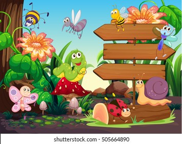 Wooden signs and insects in garden illustration