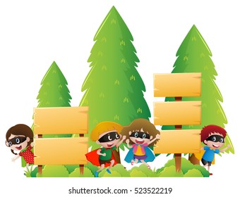 Wooden signs and kids in park illustration