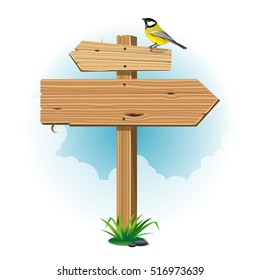 Wooden signs with leaf and bird on white background. Vector illustration.