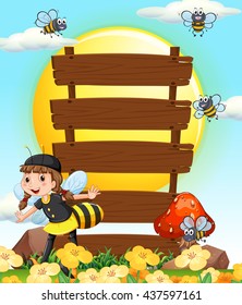 Wooden signs and little girl in bee outfit illustration