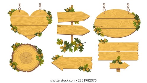 Wooden signs and signs with oak branches and acorns set. Road signs in the form of an arrow with a wood texture. Hanging signs. Cut down an oak tree with annual rings. Vector illustrated element.