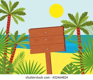 Wooden signs on a beautiful tropical beach. Illustration of a signboard in the seashore