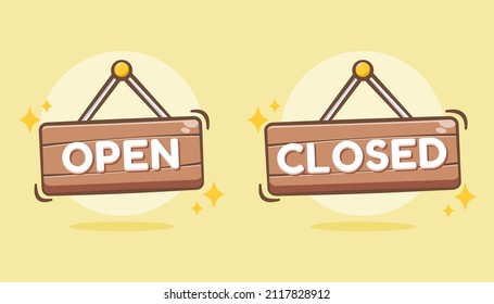 Wooden signs of open and close cartoon illustration