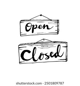 Wooden signs of open and close cartoon illustration isolated on white background