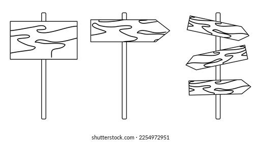 Wooden signs and pointers set line art. Vector cartoon wooden sign posts, signboard, banners and arrows. Collection of design elements. Simple outline illustration isolated on white background.