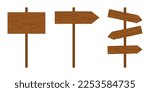 Wooden signs and pointers set. Vector cartoon wooden sign posts, signboard, banners and arrows. Collection of design elements. Simple flat illustration isolated on white background.