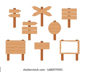 Wooden signs and pointers set. Vector cartoon wooden sign posts, signboard with sheet of white paper, banners and arrow isolated on white. Collection of design elements. Simple flat illustration.