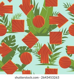 Wooden signs seamless pattern. Green tropical leaves. Jungle plants foliage. Wood signboard shapes. Repeated print. Pointer arrow. Round and square timber boards. Navigation signage. Vector background