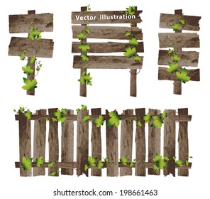 Wooden signs set, with branch with fresh green leaves decorative elements, Vector illustration template design