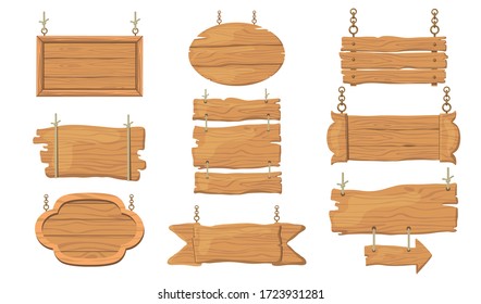 Wooden signs set. Rough rustic boards and planks, signboards hanging on ropes, bar and saloon banner templates. Can be used for old guideposts, vintage restaurant signposts, advertising design concept