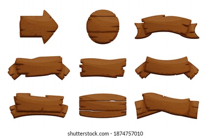 Wooden signs set. Rough rustic boards and planks, signboards. Vector illustration set for wild west or rustic style, information, message concept