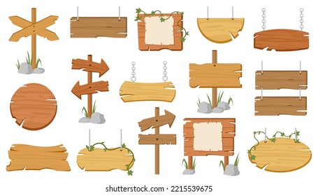 Wooden signs set. Rough rustic boards and planks, signboards hanging on ropes, roadsigns, bar and saloon banner templates. Cartoon flat vector illustration