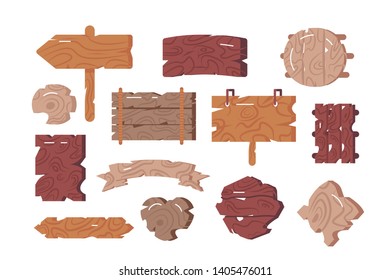 Wooden signs set vector illustration. Collection consists of empty advertising pointer signage and signboards for bars pubs and workshops flat style concept. Isolated on white