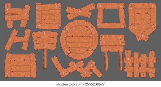 Wooden signs, shields, pointers and more. Twelve design objects for various projects. Vector set