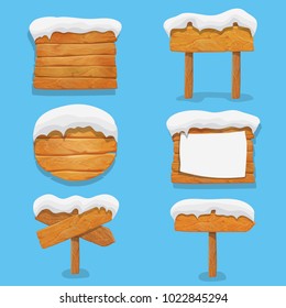 Wooden signs with snow. Winter holidays vector elements. Christmas wooden billboard banner, signboard directional