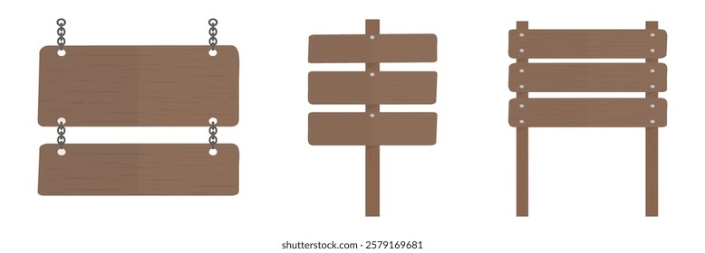 Wooden signs in various designs: hanging wooden signs, post wooden signs, and stacked wooden signs. Perfect for rustic decor or outdoor use. Isolated illustration elements, vector set.