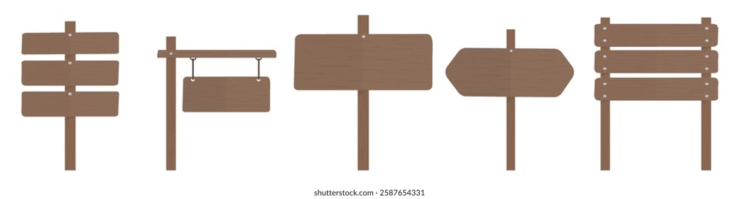 Wooden signs in various shapes: rectangular, hanging, and arrow. These wooden signs are perfect for rustic decor, signage, or crafts. Isolated illustration elements, vector set.
