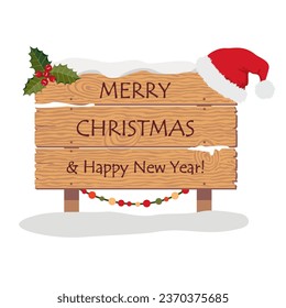 Wooden sing post with a Santa hat and a congratulatory inscription. Welcome Road sign in the snow with lettering Merry Christmas and Happy New Year. Illustrated vector clipart.