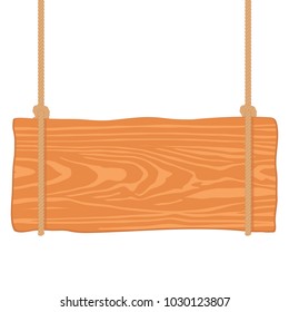 Wooden singboard hanging on ropes. Illustration of wood board