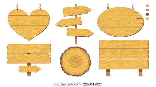 Sencillos de madera. Las señales viales de madera de 4 colores son fáciles de reparar. Pintores con textura de madera. Adecuado para la conversión al formato SVG. Elemento vectorial ilustrado.