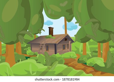 Wooden single log house and green forest or jungle theme vector illustration beautiful background.