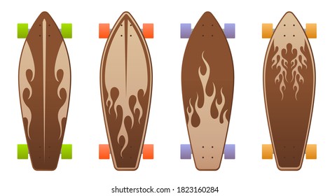 Wooden skate boards with flame design collection.Vector skateboard illustrations from skateboard and longboard collection.