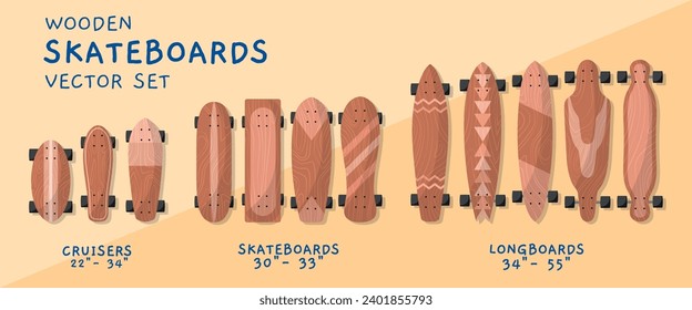 Wooden skateboards types. various shapes and lengths of boards, cartoon hobie objects, longboards decks with wheels top view, vector set