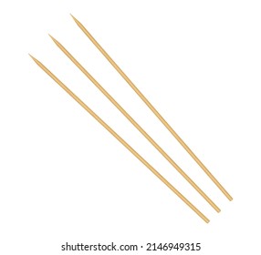 Wooden skewer with pointed tip. Disposable bamboo thin long skewer. Chopsticks. Chinese food sticks. Wooden toothpick. Isolated realistic vector illustration on white background.