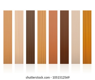 Wooden slats. Collection of wood boards, different colors, glazes, textures from various trees to choose - brown, dark, gray, light, red, yellow, orange decor models - vector on white background.