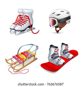 Wooden sled, snowboard,skates and ski helmet with goggles