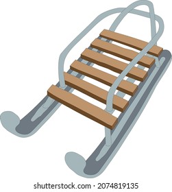 Wooden sleigh for children. Classic vintage wood transport vehicle for kids. Snow sleigh vector illustration. Isolated.