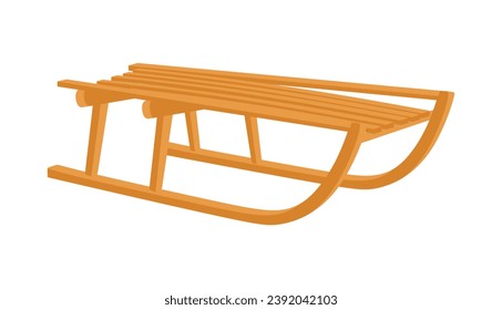 Wooden sleigh. Vector funny sled, transport for snow ride. Flat illustration of childish wooden sledge isolated on white background. Concept of winter sledding. Cartoon vector illustration